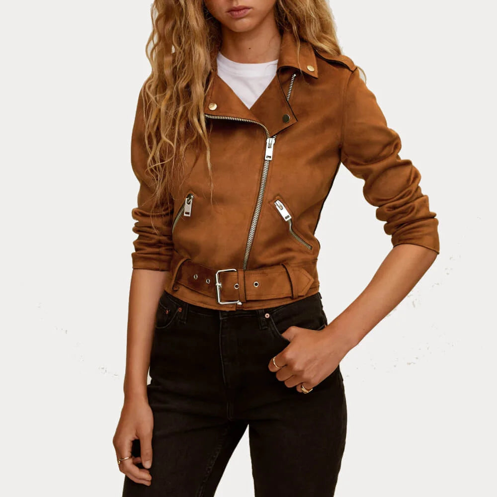 Women's Suede Leather Jacket | Brown Biker Jacket for Women