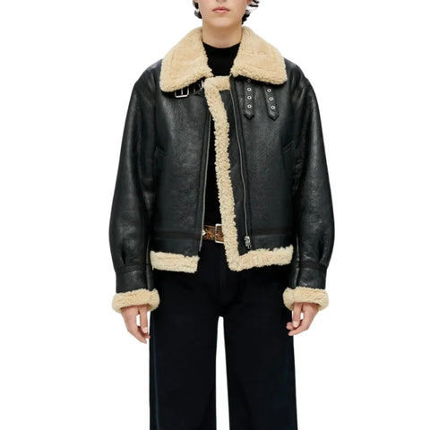 Black Aviator Leather Shearling&nbsp; Jacket For Womens