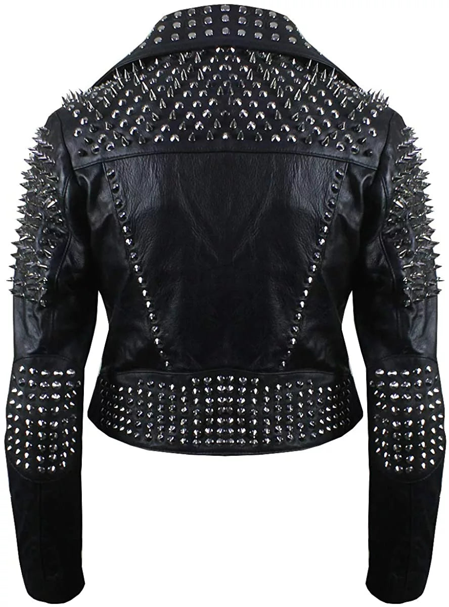 Womens Britney Spikes Brando Biker Vintage Motorcycle Studded Black Leather Jacket