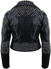 Womens Britney Spikes Brando Biker Vintage Motorcycle Studded Black Leather Jacket