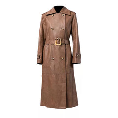 Long Leather Trench Brown Coat Womens
