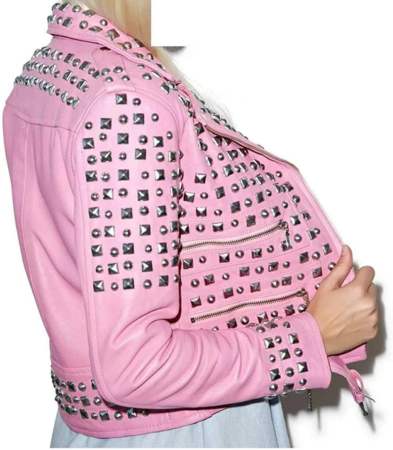 Women's Pink Spikes Leather Jacket Brando Studded Punk Rock Motorcycle Ladies Jacket