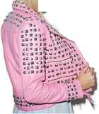 Women's Pink Spikes Leather Jacket Brando Studded Punk Rock Motorcycle Ladies Jacket