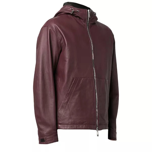 Mens Maroon Hooded Leather Zip Up Jacket
